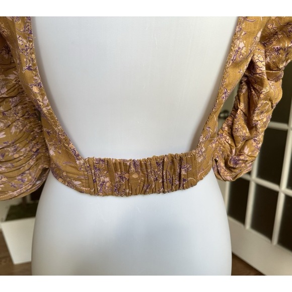 Free People Boho Floral Puff Sleeve Open Back Crop Top Mustard Purple Sz S - Picture 8 of 12